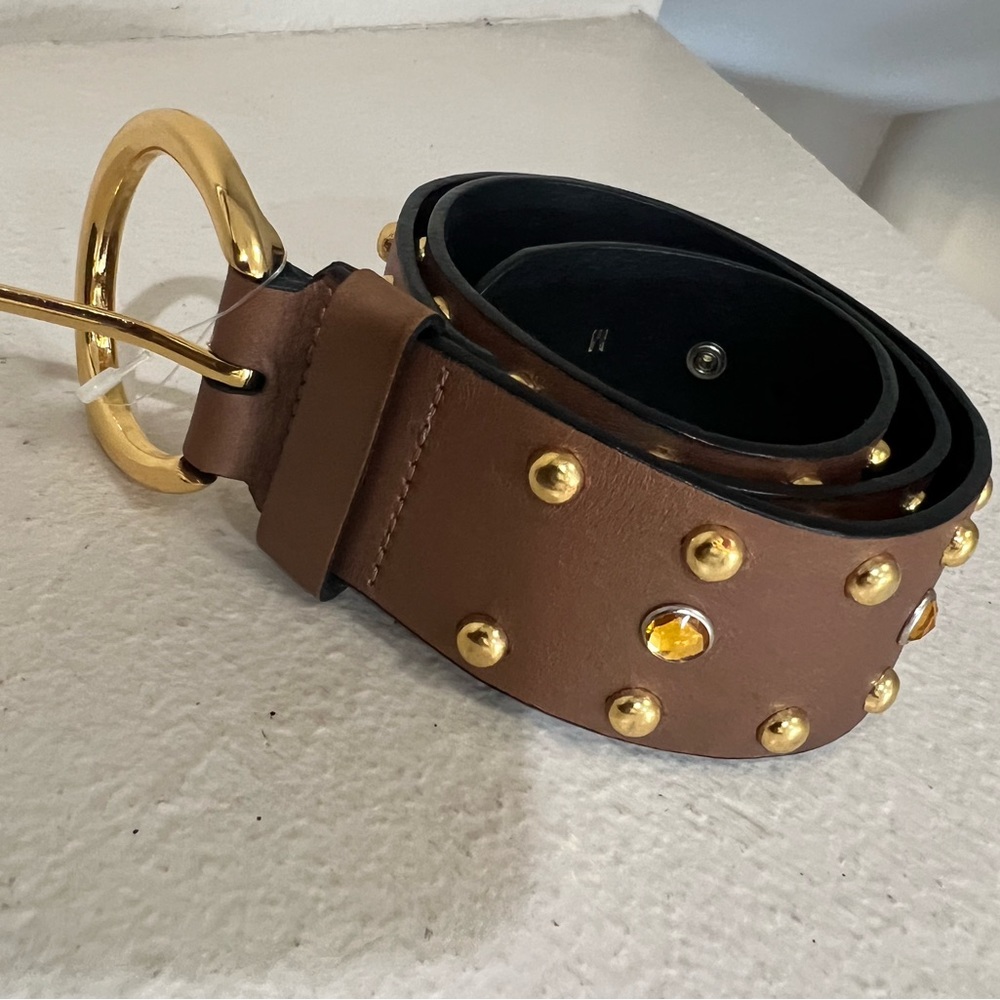 - NWNT BROWN STUDDED STONED LEATHER WOMEN’S statement Belt with Gold Buckle